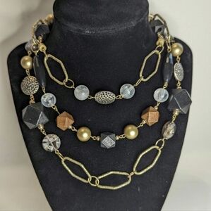 Vintage Three Layered Chunky Beaded Chain Necklace Black Gold Tone Multicolor